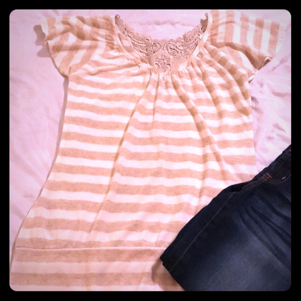 Cream and tan Striped top with lace detail on back